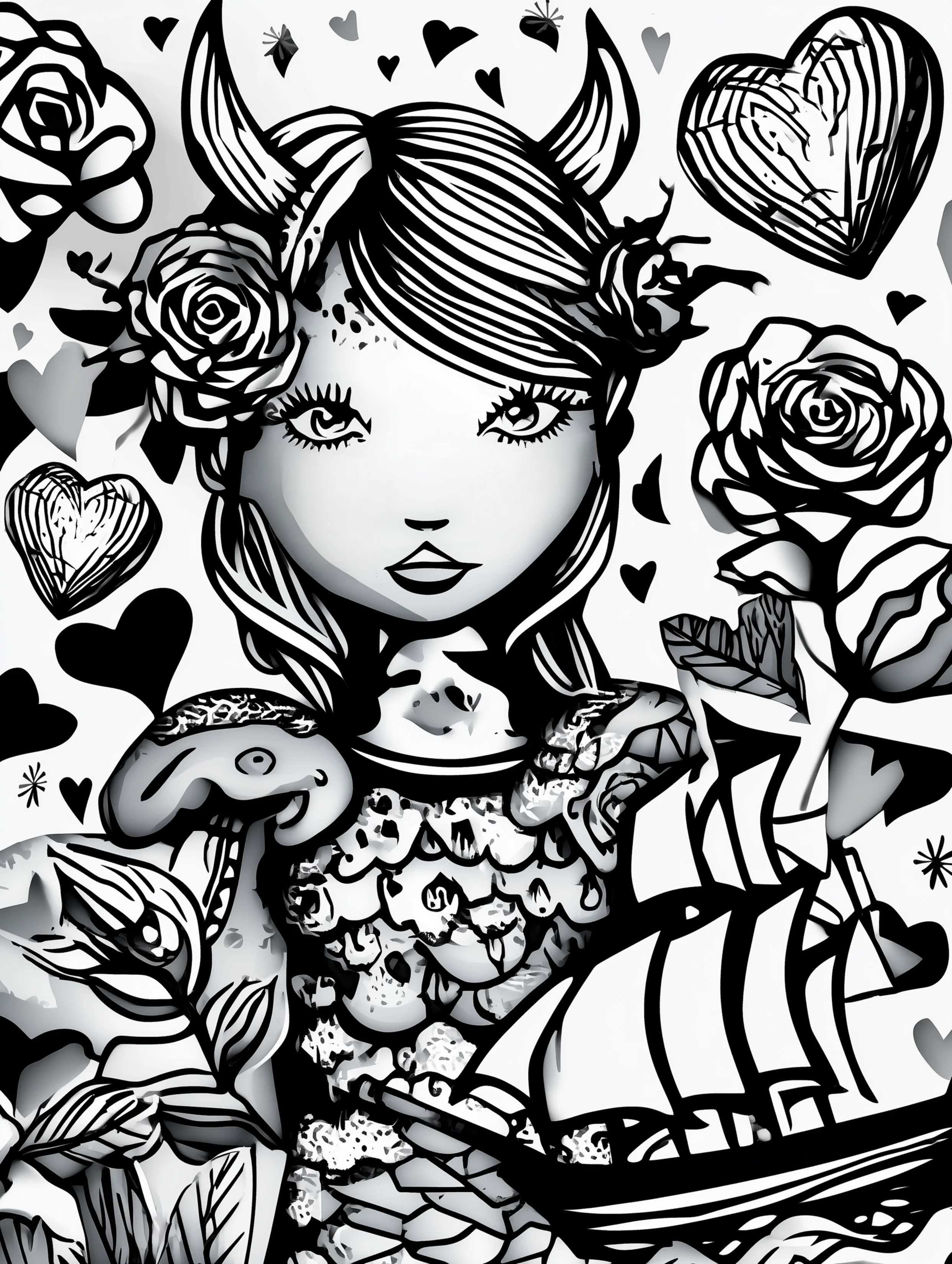 Free printable viking coloring page for adults featuring a viking woman with a boat